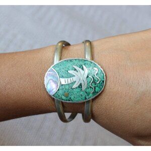 Vtg Taxco Cuff Inlayed Abalone & Turquoise mosaic Bracelet Sterling 27.5g Patina